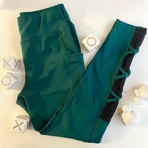 Hunter Green Pop Fit Leggings with Mesh Criss Cross Detail